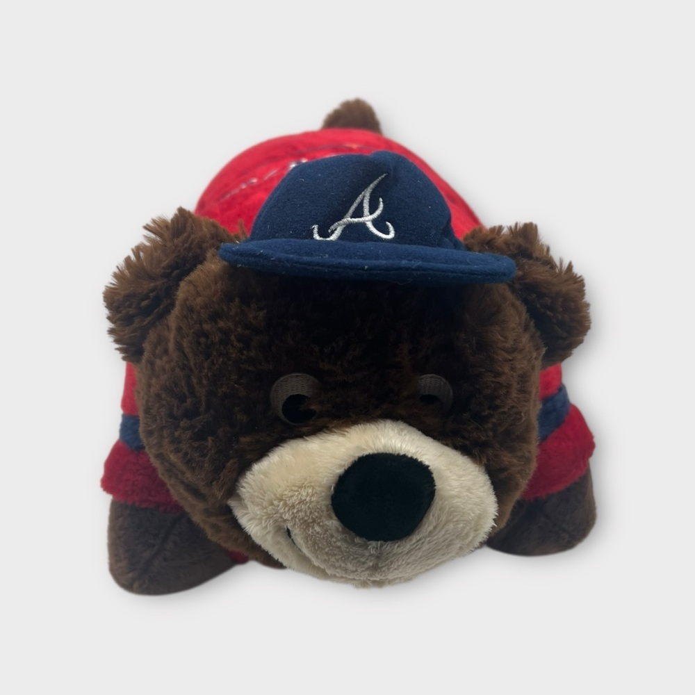 Atlanta Braves Pillow Pet ! Plush Brown Bear with Navy Cap and Red Jersey